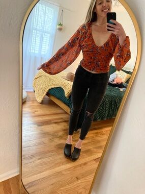 Free People Rust Orange Floral V-Neck Long Sleeve Blouse